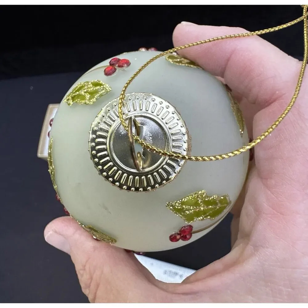 Vintage Pier 1 Christmas Ornament Frosted Jeweled Glass Holly Berries -S1T